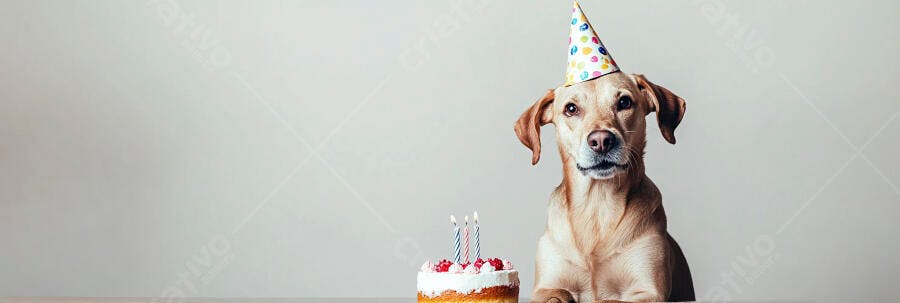 Cachorro bege usando chapéu de festa com bolo de aniversário e velas acesas em estúdio