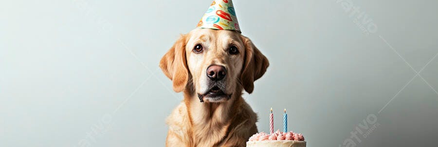 Cachorro Golden Retriever em festa de aniversário com chapéu colorido e bolo rosa