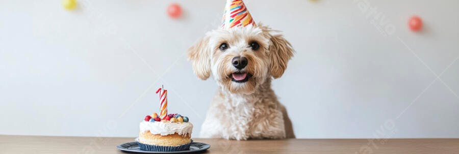 Cachorro caramelo celebrando primeiro aniversário com bolo e chapéu de festa