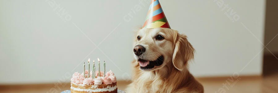 Cachorro Golden Retriever feliz com chapéu de festa e bolo rosa de aniversário