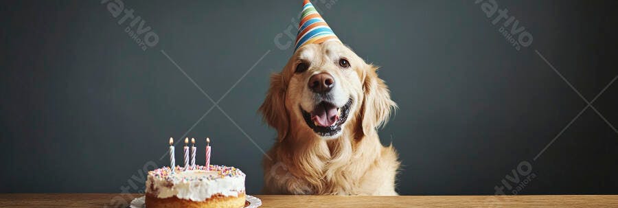 Cachorro Golden Retriever feliz com chapéu de festa e bolo de aniversário em mesa de madeira