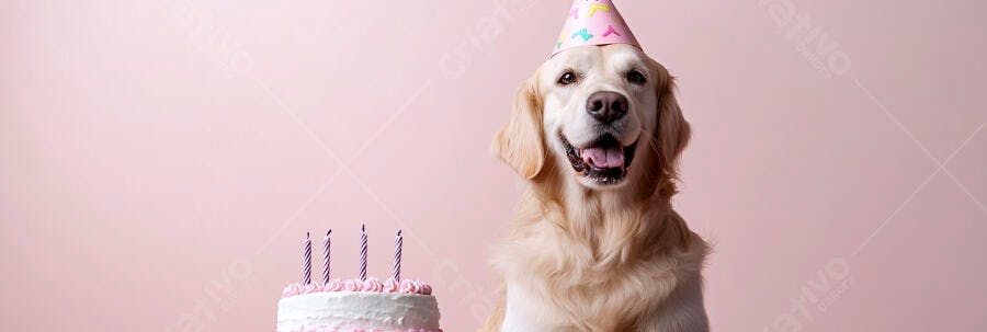 Cachorro Golden Retriever feliz com chapéu de festa e bolo de aniversário rosa