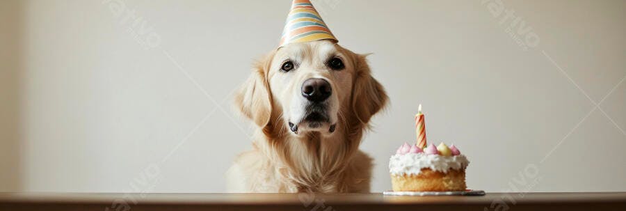 Cachorro Golden Retriever com chapéu de festa e bolo de aniversário em celebração