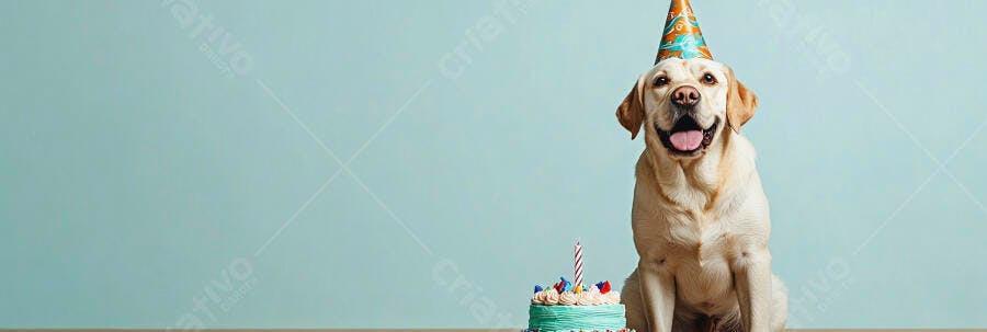 Cachorro Labrador dourado com chapéu de festa e bolo de aniversário em estúdio azul