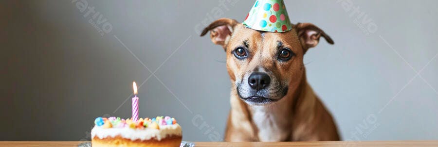 Cachorro marrom com chapéu de festa e bolo de aniversário em casa