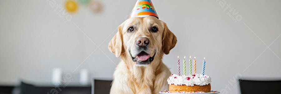 Cachorro Golden Retriever feliz com chapéu de festa e bolo de aniversário