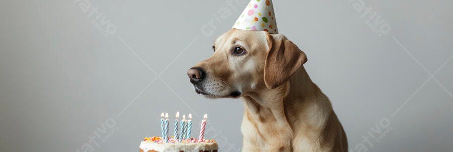 Cachorro Labrador amarelo usando chapéu de festa olhando bolo de aniversário com velas acesas