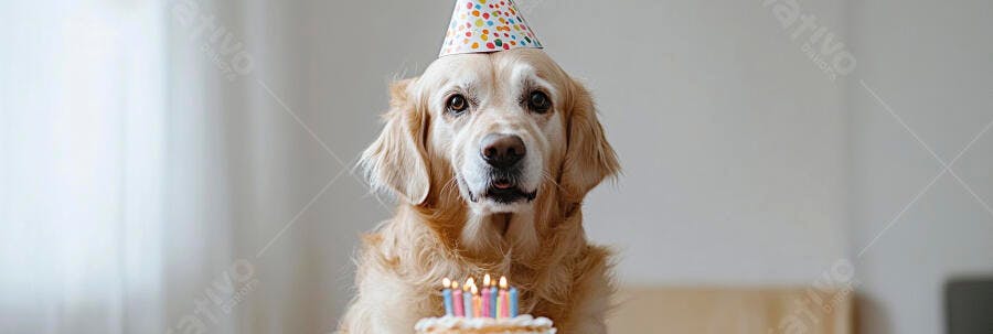Cão Golden Retriever com chapéu de festa e bolo de aniversário com velas acesas
