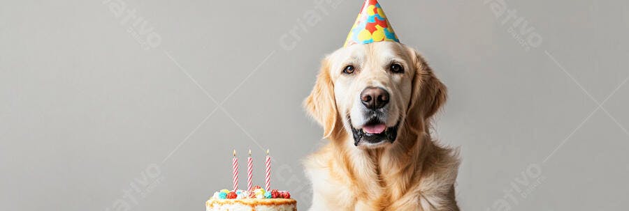 Golden Retriever com chapéu de festa olhando bolo de aniversário com velas