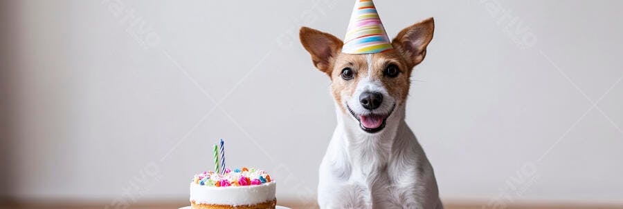 Cachorro Jack Russell feliz com chapéu de festa e bolo de aniversário colorido