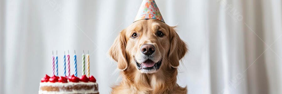 Cachorro Golden Retriever de chapéu de festa celebrando aniversário com bolo e velas