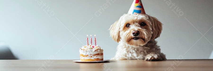 Cachorro fofo com chapéu de aniversário e bolo com velas acesas