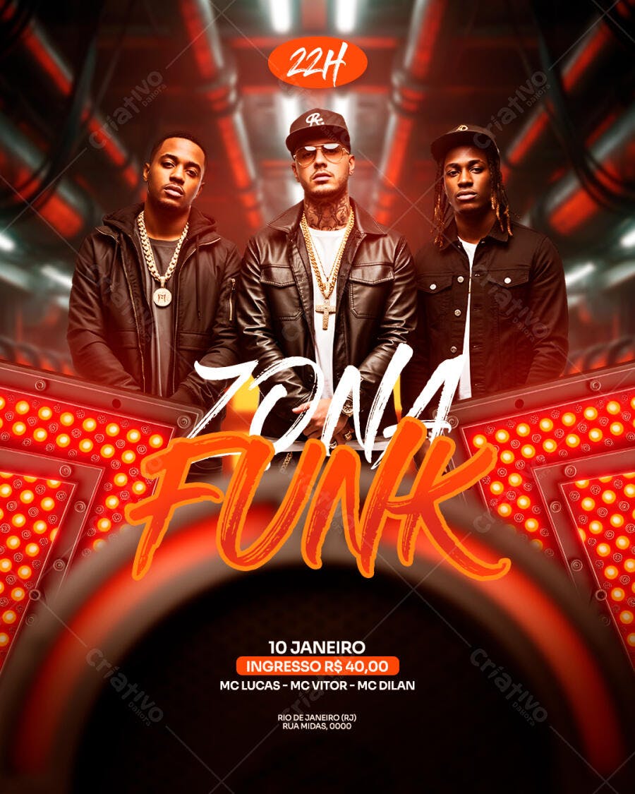 Flyer Show Funk Zona Funk para Evento Urbano com MCs PSD Editável