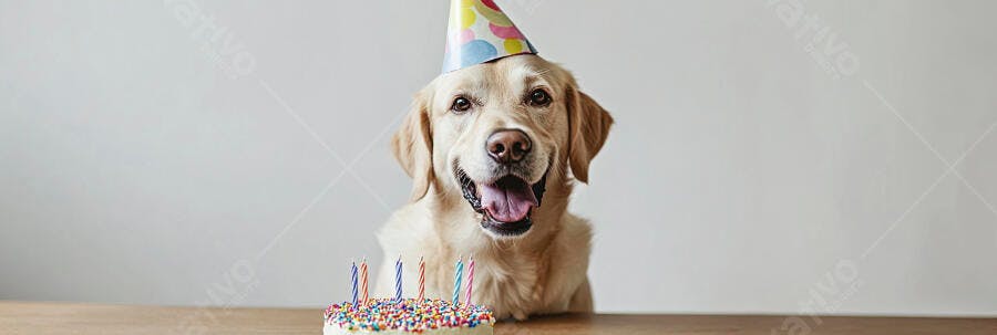 Cachorro Golden Retriever feliz com chapéu de festa e bolo de aniversário