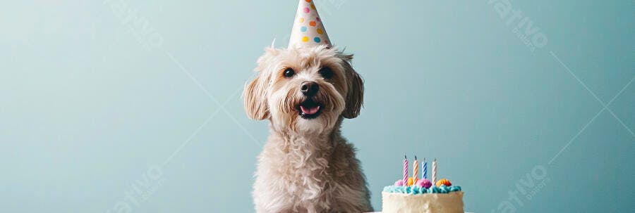 Cachorro fofo feliz usando chapéu de festa com bolo de aniversário e velas
