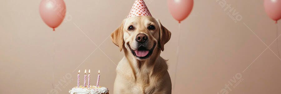 Cão labrador feliz com chapéu de festa e bolo de aniversário rosa
