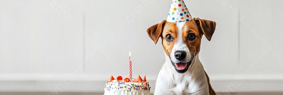 Cachorro Jack Russell feliz com chapéu de festa e bolo de aniversário com vela