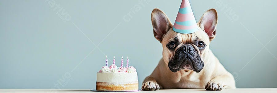 Cachorro bulldog francês com chapéu de festa e bolo de aniversário
