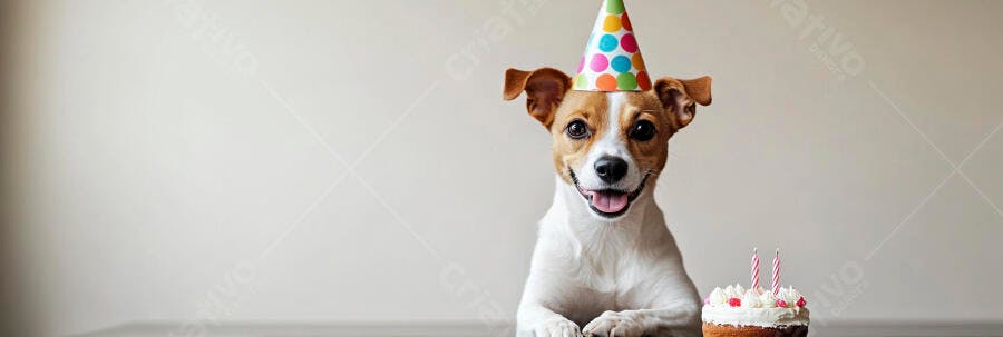 Cachorro Jack Russell feliz com chapéu de festa e bolo de aniversário branco festivo