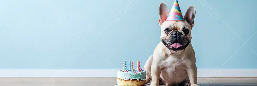 Bulldog Francês feliz com chapéu de festa e bolo de aniversário em fundo azul claro