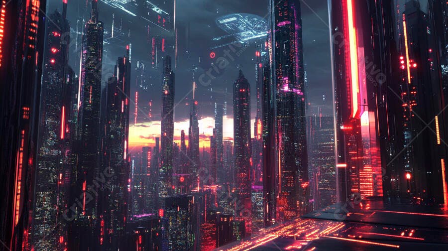 Cidade futurista neon vermelha e roxa ao anoitecer urbanismo high-tech