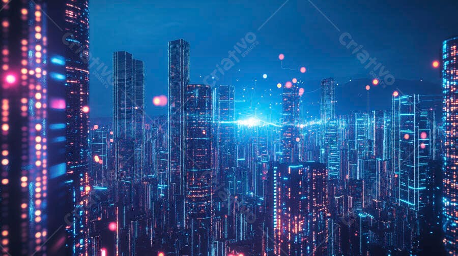 Cidade futurista digital com luzes neon azuis e rosas à noite