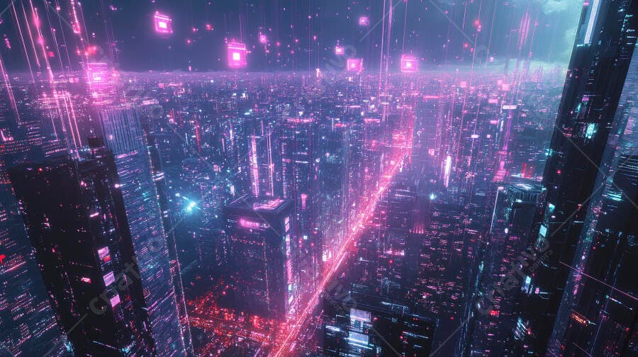 Cidade futurista noturna com dados digitais e luzes neon roxas