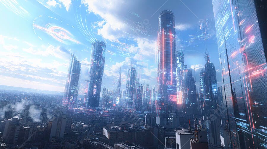Cidade futurista com arranha-céus altos e luzes digitais sob céu azul claro
