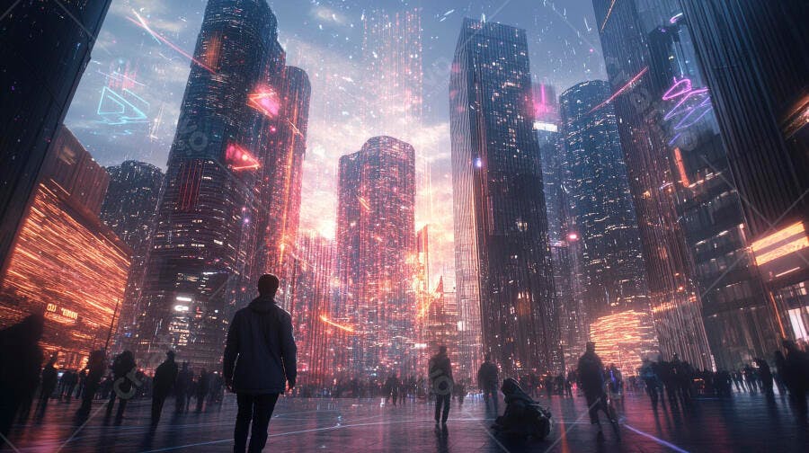 Homem em cidade futurista com arranha-céus digitais e néons brilhantes ao anoitecer