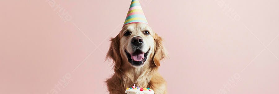 Cachorro Golden Retriever feliz com chapéu de festa e bolo de aniversário em fundo rosa