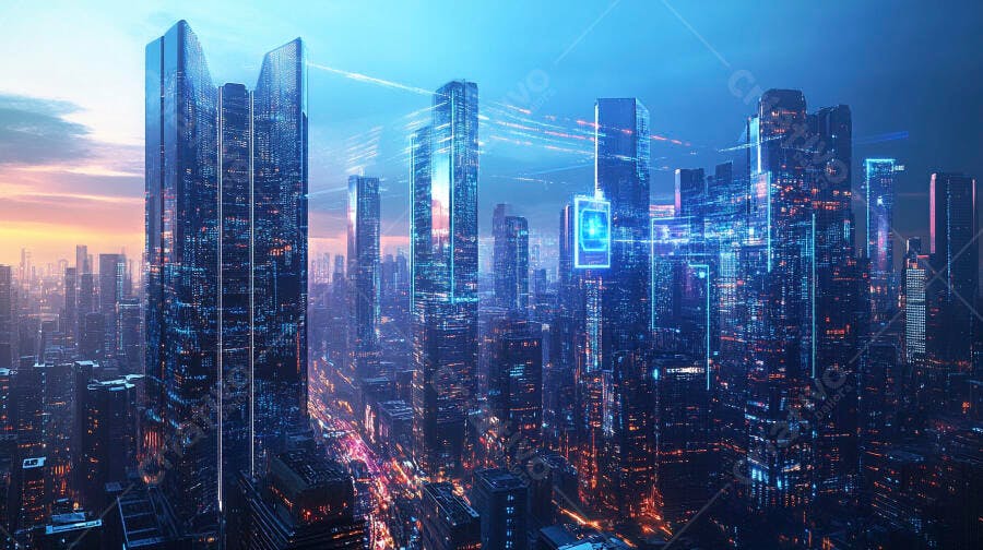 Cidade futurista com arranha-céus de vidro e linhas de dados brilhantes no anoitecer