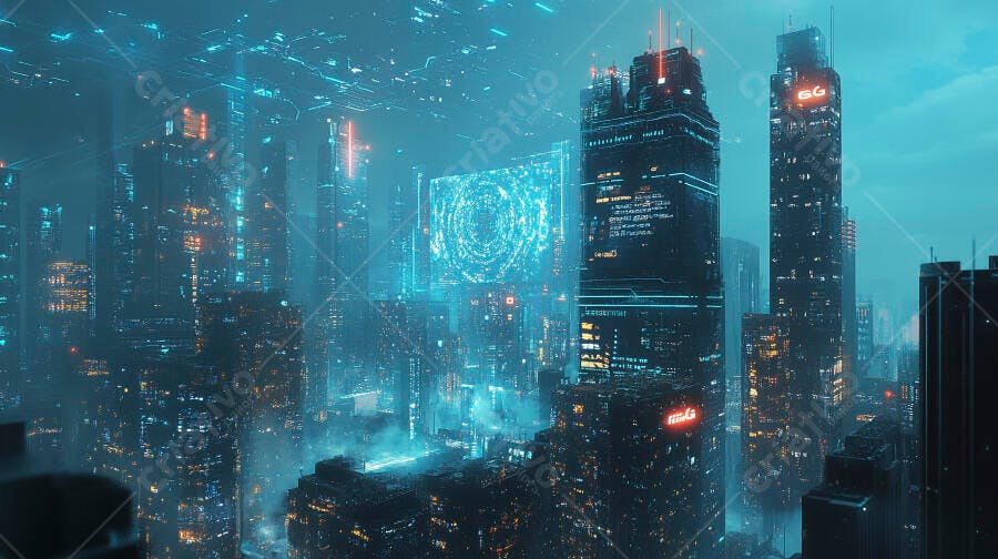 Cidade futurista cyberpunk com arranha-céus iluminados por luzes neon azuis e dados digitais