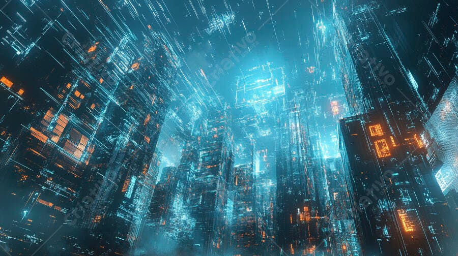 Cidade futurista neon azul e laranja arquitetura digital cyberpunk