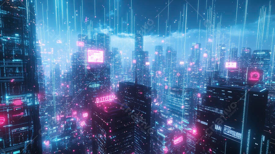 Cidade futurista com arranha-céus iluminados por luzes neon azuis e rosas à noite