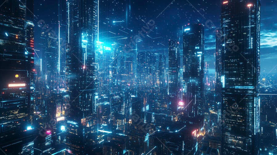 Cidade futurista noturna com arranha-céus iluminados por luzes azuis digitais