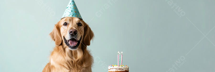 Cachorro Golden Retriever feliz com chapéu de festa e bolo de aniversário