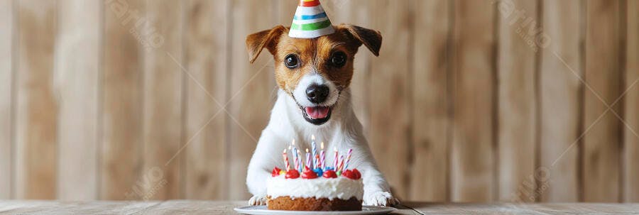 Cachorro Jack Russell feliz com chapéu de festa e bolo de aniversário