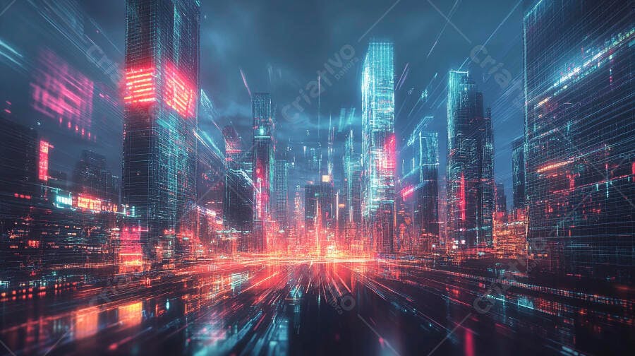 Cidade futurista neon azul vermelho linhas digitais ao anoitecer