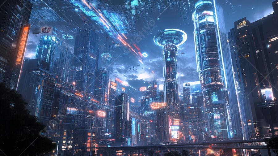 Cidade futurista com arranha-céus iluminados e luzes neon vibrantes à noite