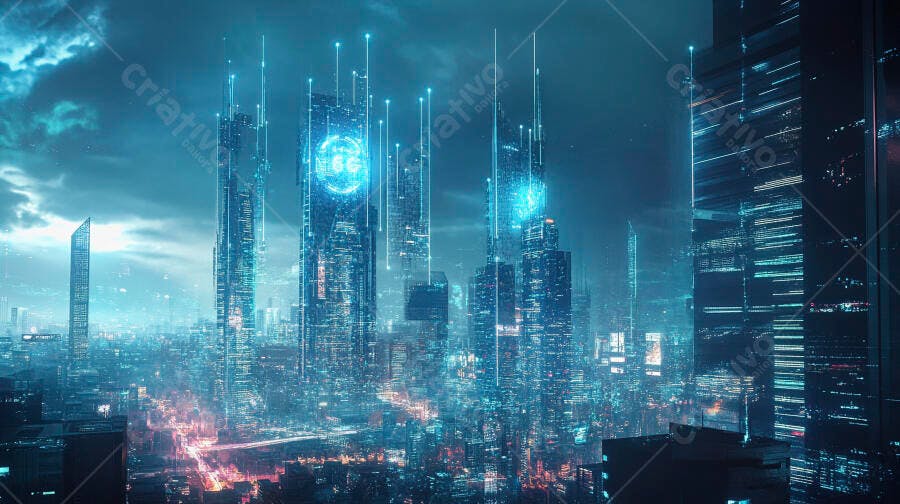 Cidade futurista com arranha-céus iluminados e rede 5G global