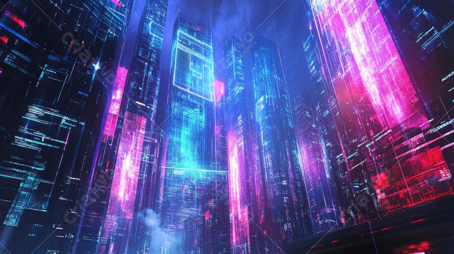Cidade cyberpunk futurista com arranha-céus iluminados em neon azul e roxo