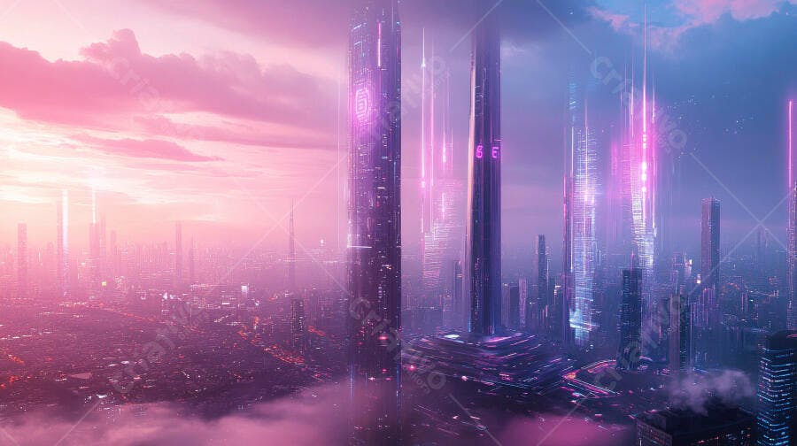 Cidade futurista rosa e roxa com arranha-céus iluminados ao entardecer