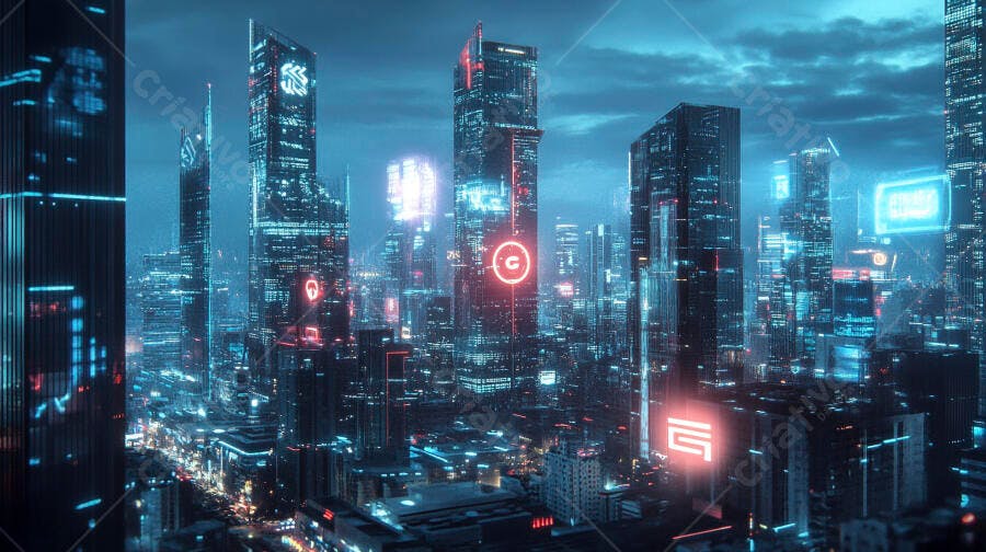 Cidade futurista noturna com arranha-céus e luzes de neon ciano e vermelho