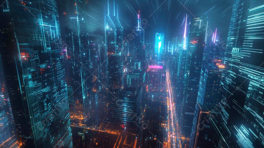 Cidade futurista noturna com luzes neon azuis e fluxos de dados digitais