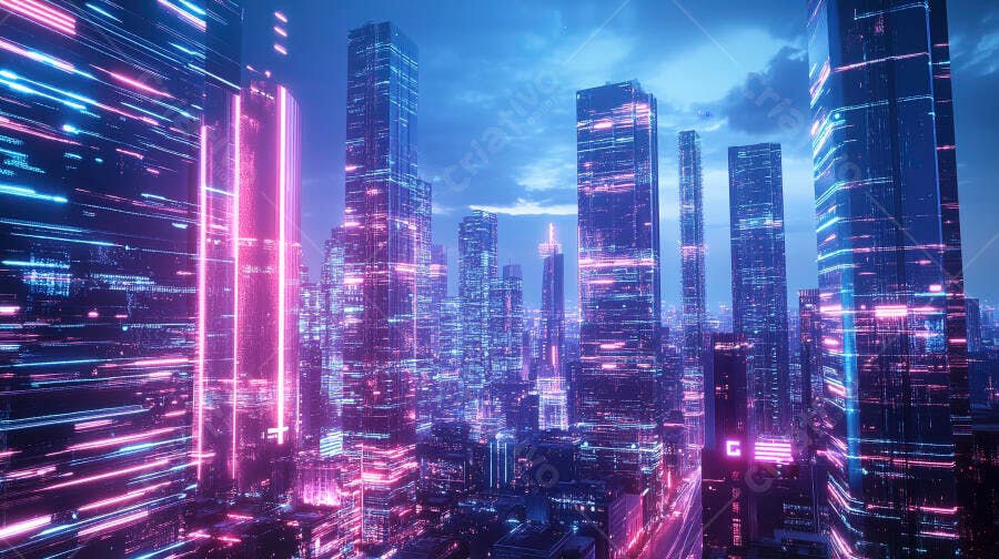 Cidade futurista neon com arranha-céus iluminados à noite digital