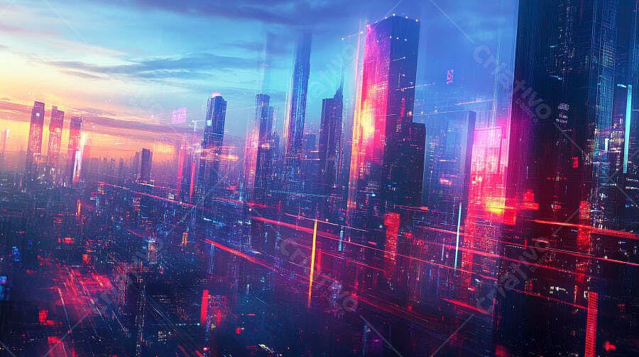 Cidade futurista iluminada com luzes néon vibrantes ao entardecer
