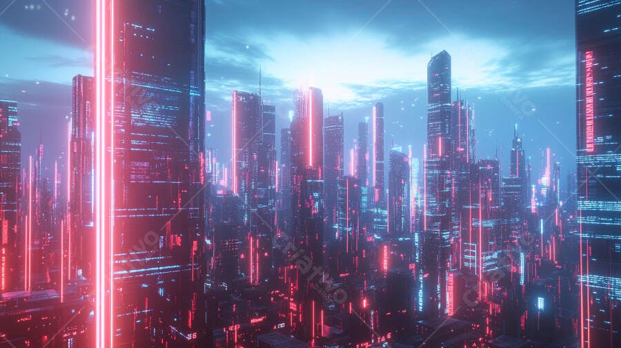 Cidade futurista com arranha-céus iluminados por luzes neon azuis e vermelhas à noite