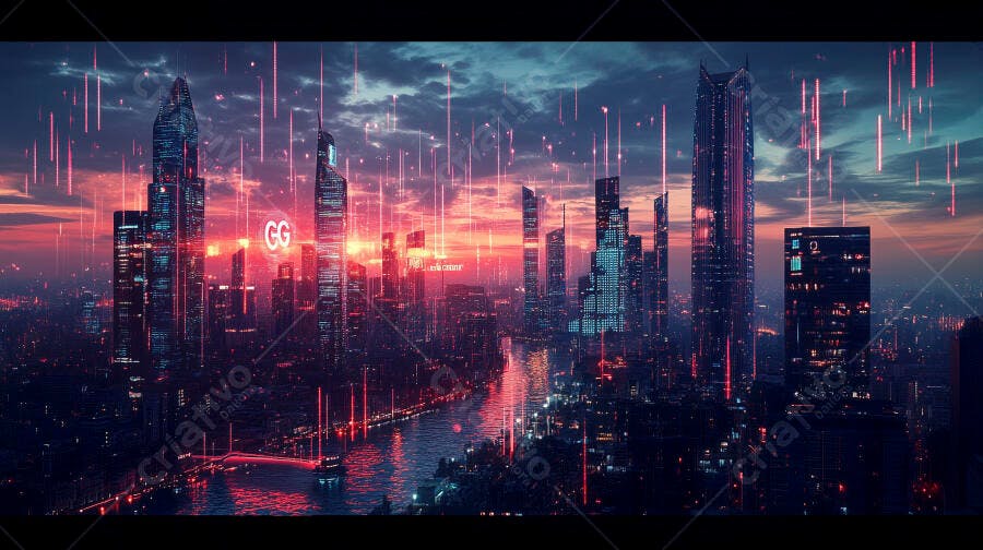Cidade futurista ao pôr do sol com dados digitais caindo na metrópole