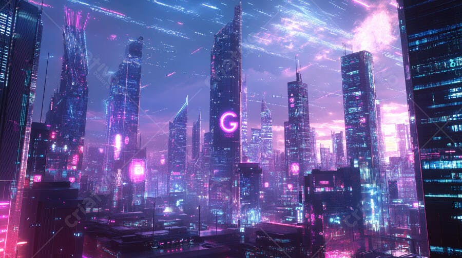 Cidade futurista neon com arranha-céus iluminados e céu vibrante