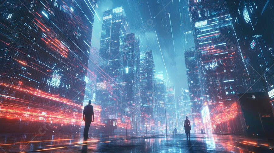 Pessoas em cidade futurista azul e vermelha com efeito digital noturno